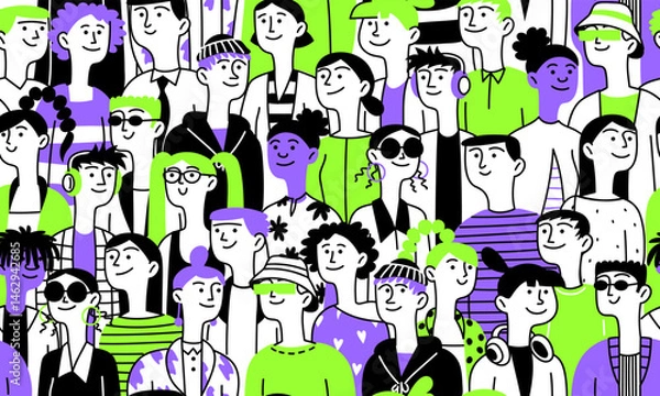 Fototapeta Seamless background, pattern of diverse female male heads. People. Diverse multiethnic group. Vector doodle illustration