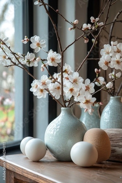 Fototapeta Spring blossoms in vases, eggs, wooden surface, window background, home decor