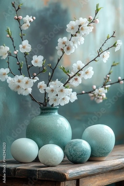 Fototapeta Spring blossoms in vase, Easter eggs, rustic table