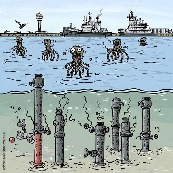 Fototapeta Harbor Kraken Attack Cartoon illustration of monstrous sea creatures attacking harbor pipes, with ships in the background, suitable for children's books or fantasy art
