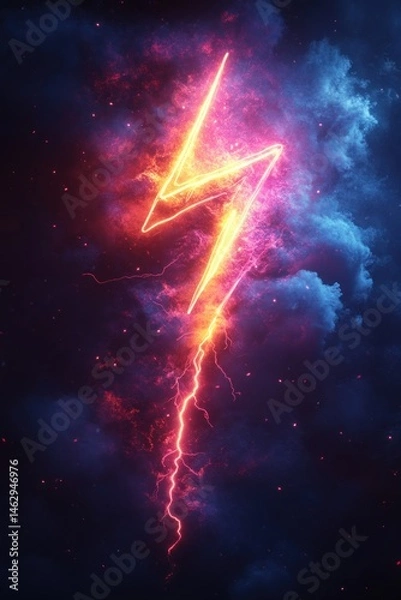 Fototapeta Neon lightning bolt, stormy sky, energy, power, abstract art, graphic design