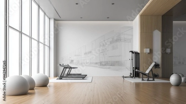 Fototapeta Minimalist gym with white padded floor and wall graphics (mockup)  