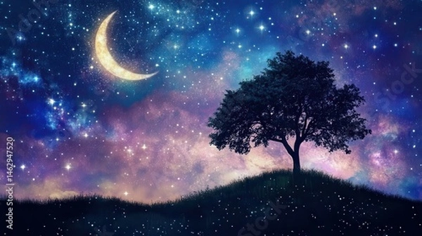 Fototapeta Stunning night sky scene, with a glowing moon high above a tree silhouette in the distance, on a hilltop with a dark horizon