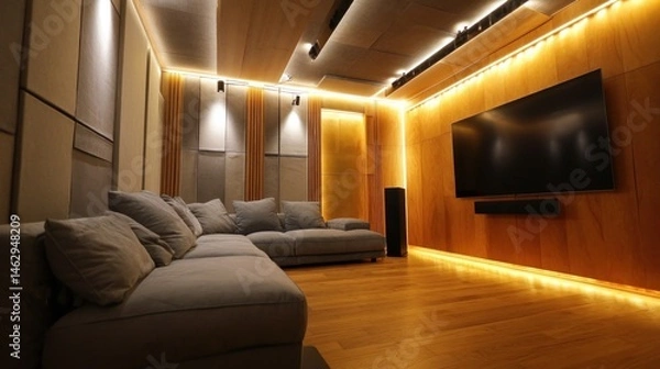 Fototapeta Minimalist home theater with acoustic panels and LED strips 