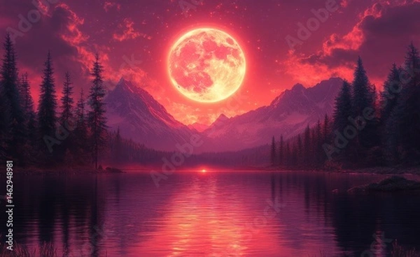 Fototapeta Blood moon over mountain lake, serene night scene, fantasy art, ideal for fantasy or nature themed projects
