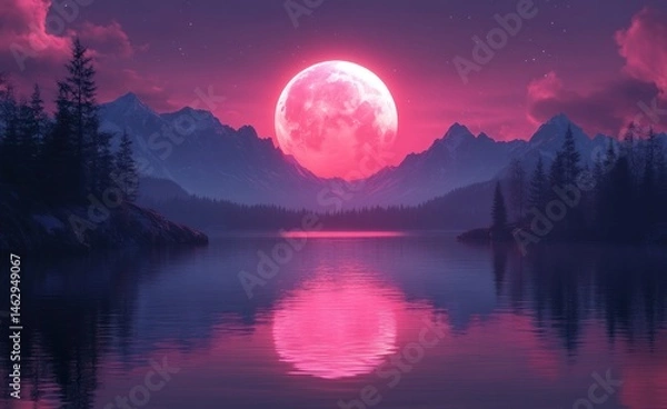 Fototapeta Pink moon rising over snowy mountains reflected in calm lake