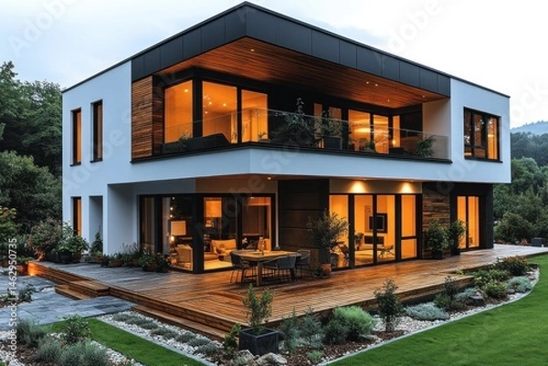 Fototapeta Modern two-story house, illuminated at dusk, nestled in a green landscape, ideal for real estate