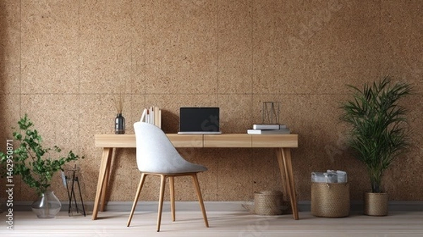 Fototapeta Minimalist office with layered desktop and cork wall (mockup)  