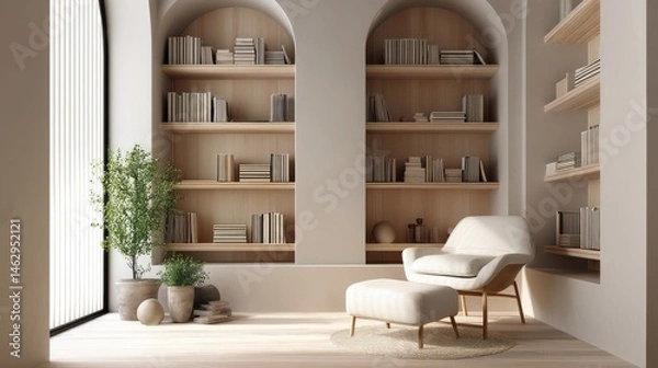 Fototapeta Minimalist reading nook with vertical book shelves 