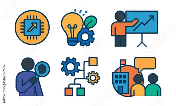 Fototapeta Flat vector icons of future business roles: digital transformation consultant badge, innovation strategist icon, corporate sustainability manager badge, startup advisor badge, future of work