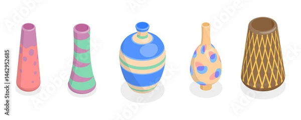 Obraz 3D Isometric Flat  Illustration of Pottery, Elegant Ceramic Vases For Decoration