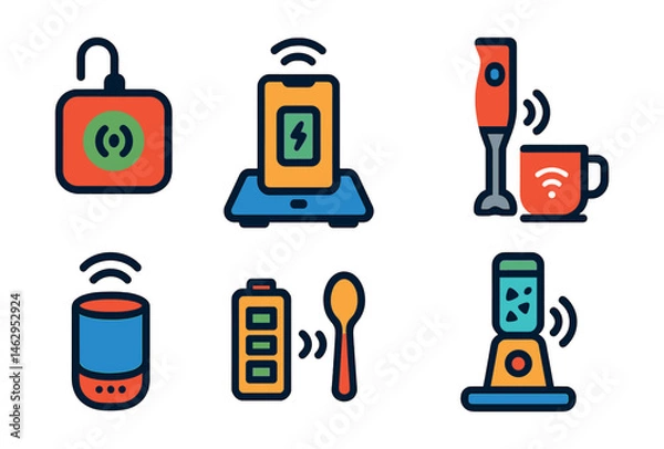 Fototapeta Flat vector icons of wireless charging kitchen tech: charging pad for gadgets, phone on smart scale, cordless hand blender, wireless-powered coffee mug, smart speaker in kitchen, rechargeable vacuum