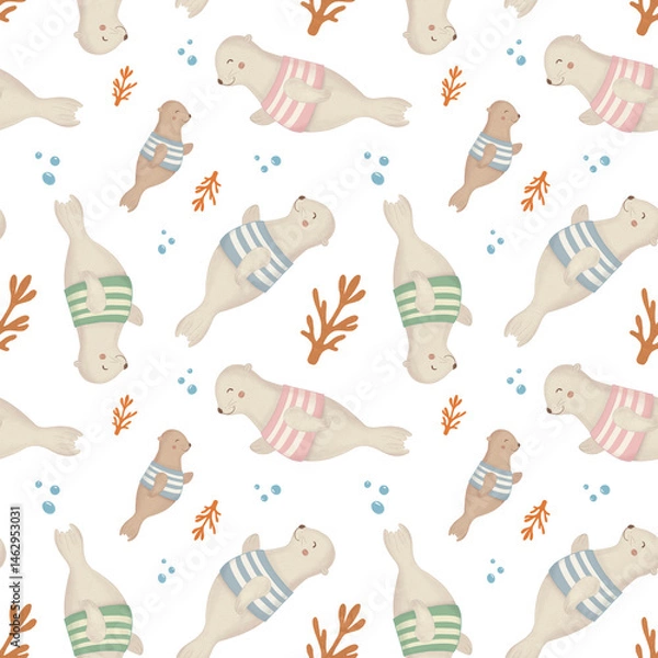 Fototapeta Cute Seamless Pattern with Cartoon Seals in Striped Swimsuits, Baby Seals, Coral and Bubbles on White Background – Kids Underwater Animal Print for Fabric, Wallpaper, and Nursery Decor