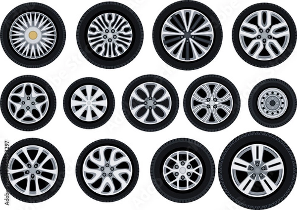 Obraz 色々な種類の自動車用タイヤとホイールのイラストセット