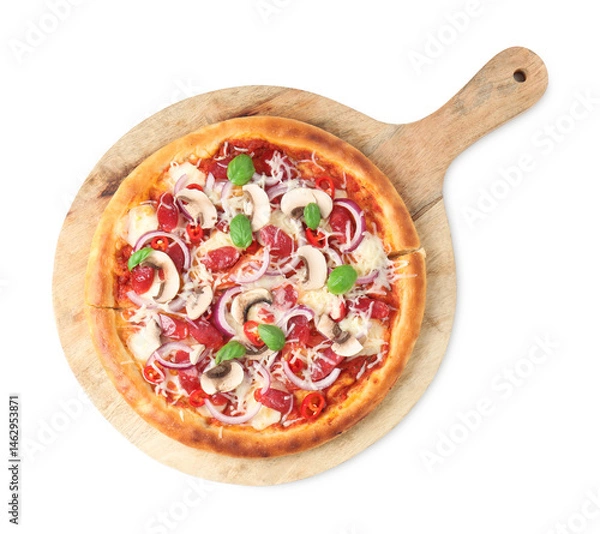 Fototapeta Tasty pizza with smoked sausages and mushrooms isolated on white, top view