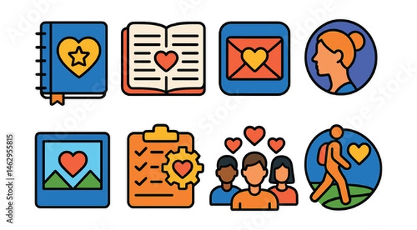 Fototapeta Flat vector icons of gratitude practices: gratitude journal for teens badge, daily gratitude prompts planner, thank you notes app icon, gratitude visualization exercises badge, gratitude photo