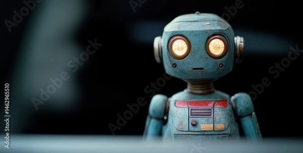 Fototapeta Vintage blue robot figure with glowing round eyes and detailed mechanical body standing against a dark background evoking curiosity and nostalgia