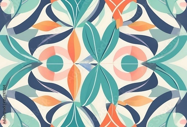 Fototapeta Abstract Floral Pattern Design Teal Orange Pink Background Seamless Repeat Textile Print