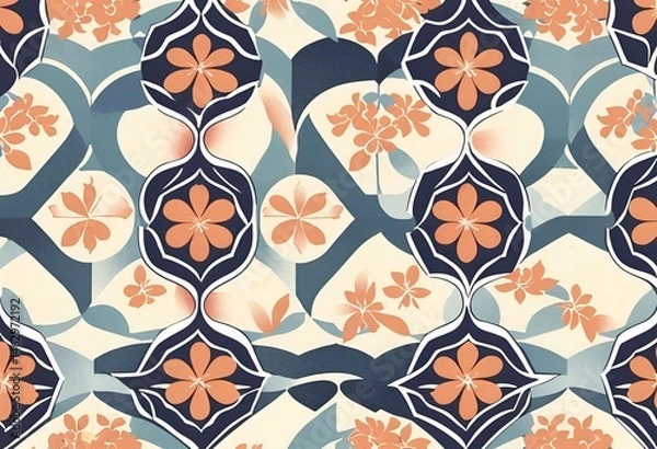 Fototapeta Elegant Floral Pattern Design with Geometric Shapes and Peach Flowers A Seamless Textile or Wallpaper Background