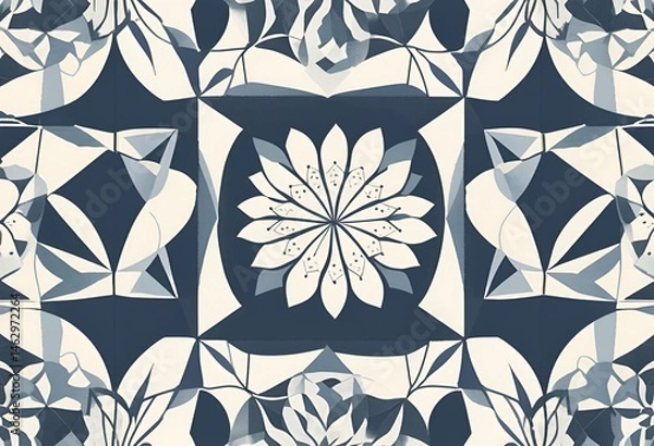 Fototapeta Abstract Floral Design Seamless Pattern Navy Blue and Cream Geometric Shapes Elegant Modern Textile Print