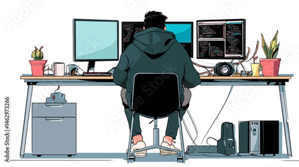 Fototapeta Cyber hacker working concept simple vector on white background  -  