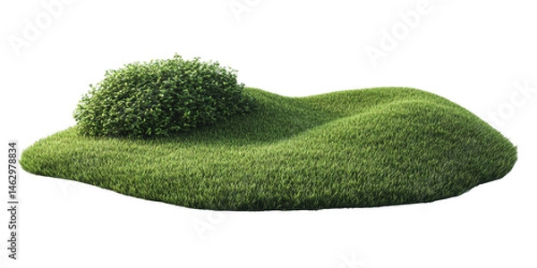 Fototapeta Isolated lush green grass hill with small bush 3d render high resolution on transparent background