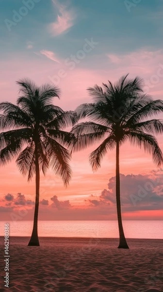 Fototapeta Two palm trees are on a beach near the ocean