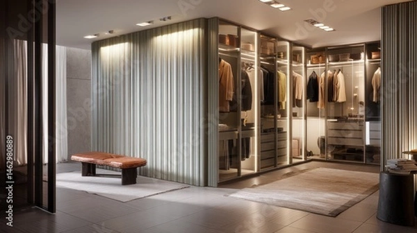 Fototapeta Modern walk-in wardrobe with fluted panels and soft lights  