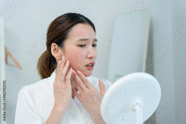 Obraz Woman worried about face Dermatology, rosacea dermatitis, allergic steroids, sensitive skin, red face from sunburn, acne, dry skin, large pores ,rash face, dull, freckles, wrinkle, skin problem, .