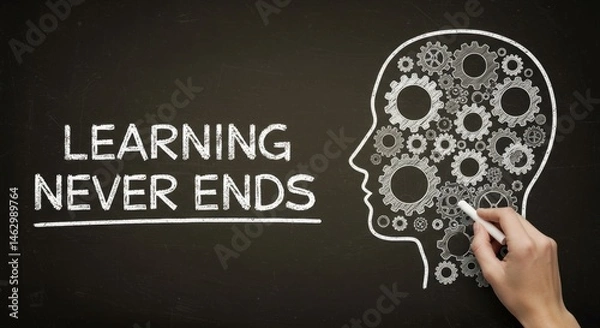 Obraz Learning never ends creative concept with gears inside human head drawing