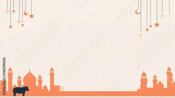 Fototapeta Angular goat profile in solid navy, set against a mosque constructed from overlapping triangles in sand and gold. Eid decorations include minimalist hanging crescent pendants and star clusters. Ample
