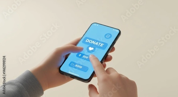 Obraz Person uses smartphone app to donate money with blue interface design
