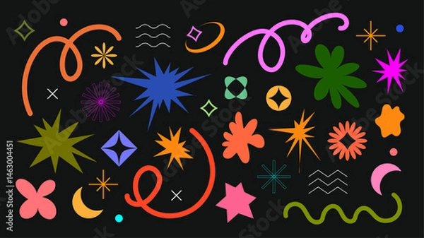 Obraz Set of bright decorative abstract elements in a flat style on a dark background. Suitable for social media design, collages, presentations, posters and creative content.