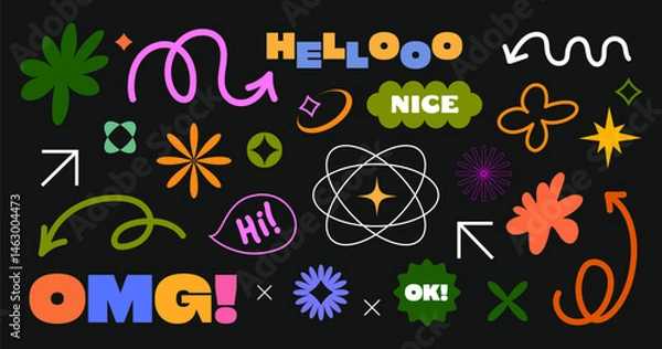 Obraz Set of bright decorative abstract elements in a flat style on a dark background. Suitable for social media design, collages, presentations, posters and creative content.