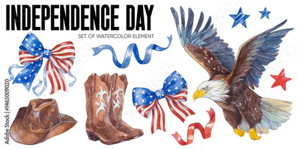 Fototapeta 4th July Happy USA Independence Day watercolor Clipart. Cute America national isolated symbols elements on white background. Watercolor cowboy hat and boots, American bow and bald Eagle.