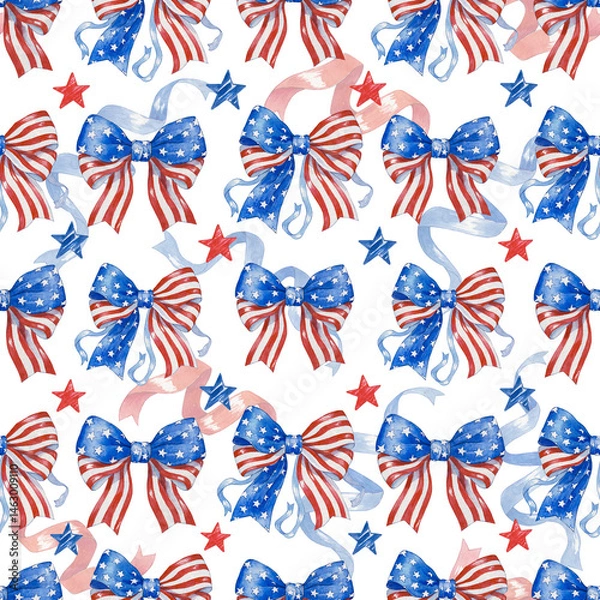 Fototapeta Watercolor Seamless pattern including national American symbol. Holiday bows in the colors of the American flag. Independence Day illustration. 4th of July pattern.