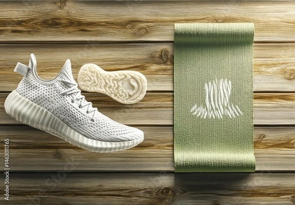 Fototapeta White athletic shoe and exercise mat on a light wood surface.  The shoe is light, breathable, and floats above the wooden planks.  A sage green exercise mat with an abstract design sits to the right