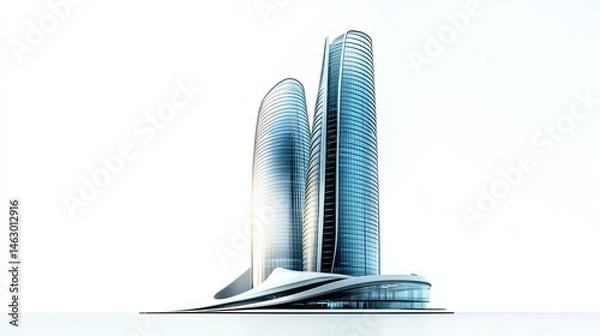 Fototapeta A futuristic office high-rise with sleek architectural features, its smooth glass exterior and clean lines isolated on a white background, symbolizing corporate success 
