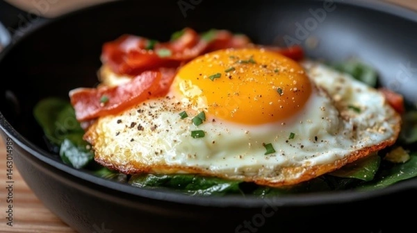 Fototapeta A mouthwatering breakfast dish featuring a perfectly cooked egg atop a bed of spinach and bacon, beautifully plated in a cast iron skillet ready for enjoyment.