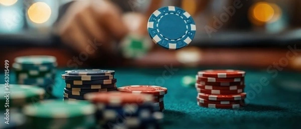 Obraz Close-up of colorful poker chips stacked on a green felt table with one blue chip in mid-air, suggesting a dynamic gambling moment