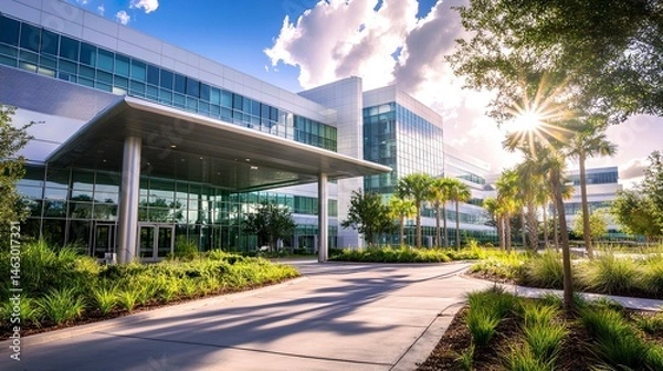 Obraz A modern hospital building with a sleek glass facade, clean white walls, and a welcoming entrance surrounded by landscaped greenery, symbolizing care and innovation 
