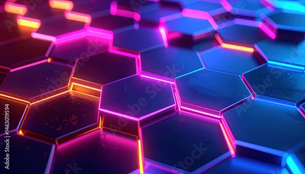 Fototapeta Vibrant blue and bright hexagons form a futuristic abstract pattern with a digital glow