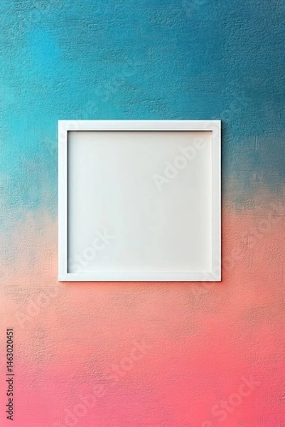 Fototapeta Empty white square frame mounted on textured wall with gradient blue to pink color transition creating calm and inviting atmosphere