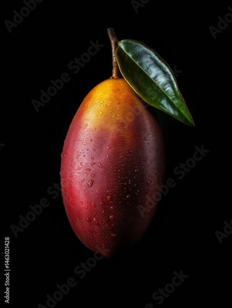 Obraz Fresh Red and Yellow Mango with Dewdrops on Black Background