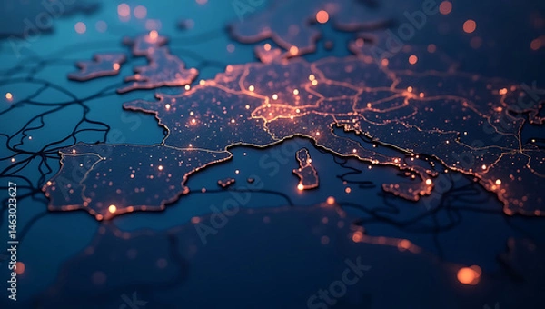Fototapeta Futuristic Digital Circuit Board Map with Glowing Data Points and Connectivity Lines