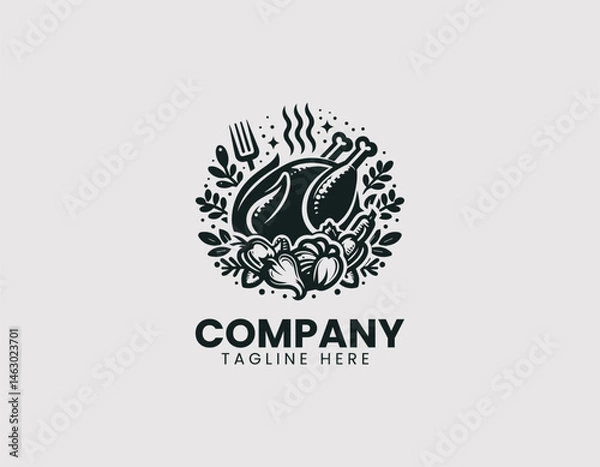 Obraz Vector logo illustration of roast chicken on a white plate with vegetables. Flat cartoon food design for culinary branding and restaurant marketing.