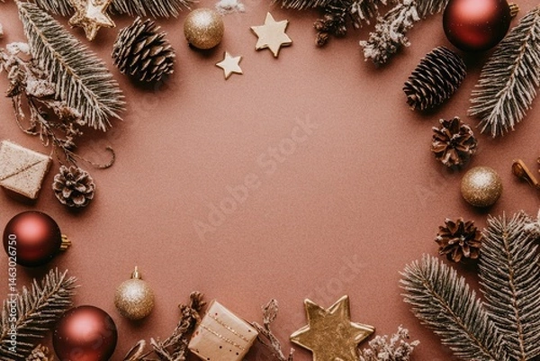 Fototapeta Festive frame of Christmas ornaments and decorations on a blush-toned background.  Spruce branches, pinecones, gold and burgundy ornaments, and small gift boxes create a festive border