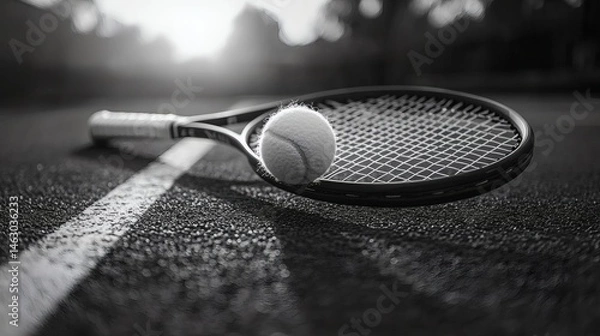 Obraz A tennis ball sits atop a racket resting on textured asphalt next to a white court line, bathed in soft, diffused light