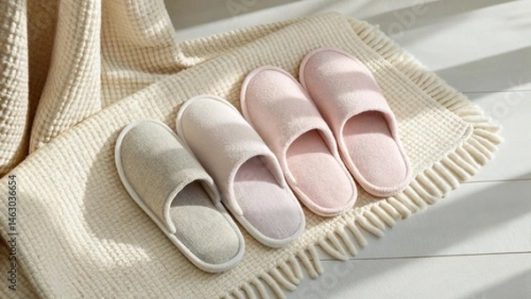 Obraz Two pairs of cozy slippers in soft pastel colors, grey and pink, neatly arranged on a textured blanket, embodying comfort, relaxation, and a warm home environment for a couple or family.
