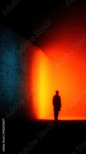 Fototapeta Person stands near wall in red & blue color light